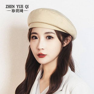 新款纯色贝雷帽女生春秋季英伦风复古四角帽时尚气质画家南瓜帽子