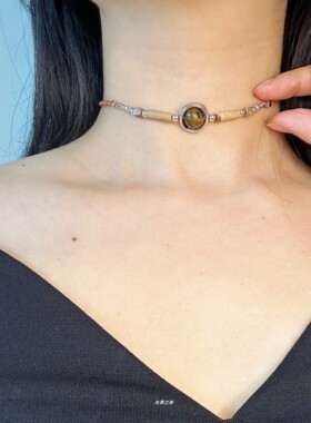 新中式原创虎眼石文艺复古锁骨链