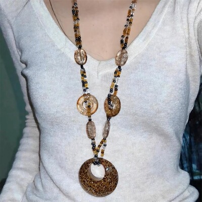 古早涩谷辣妹豹纹串珠项链y2k亚文化日系复古长款毛衣链小众配饰