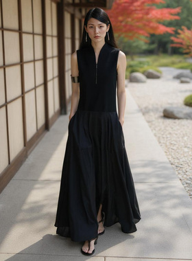 COMMON VALUE「 灵 Nav」新中式禅意领A字裙 无袖背心拼接连衣裙