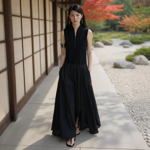 新中式A字裙无袖背心拼接连衣裙