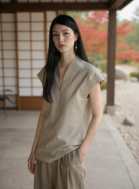 COMMON VALUE「 灵 Nav」 新中式禅意领体t恤 半拉链亚麻无袖背心