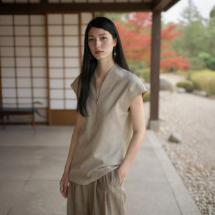 Nav」 灵 新中式 禅意领体t恤 背心 COMMON 半拉链亚麻无袖 VALUE「