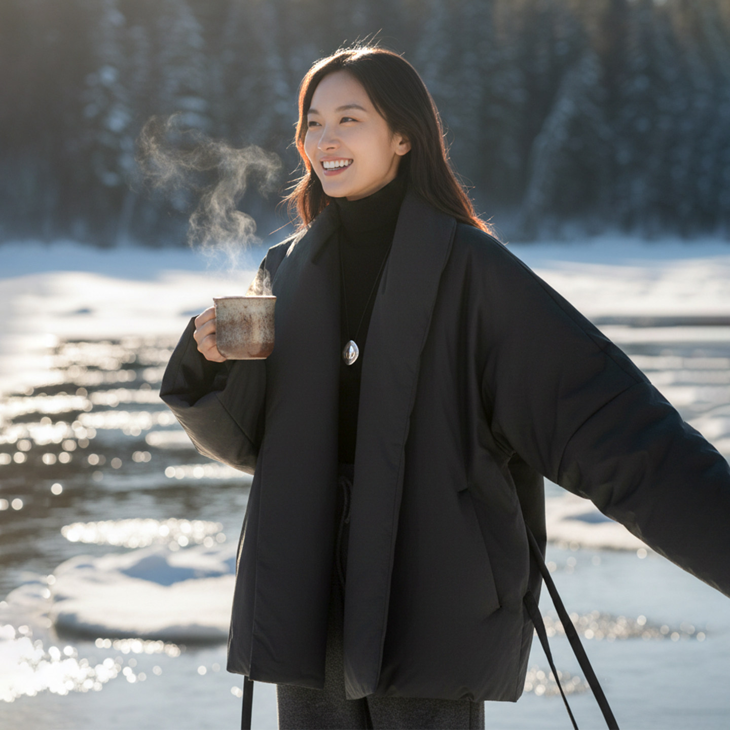 高蓬白鸭绒羽绒服绑带式极简外套