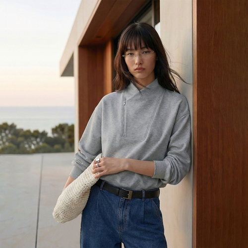 COMMON VALUE「衔雅序」早春季立领交叠领斜半拉链卫衣设计感通勤