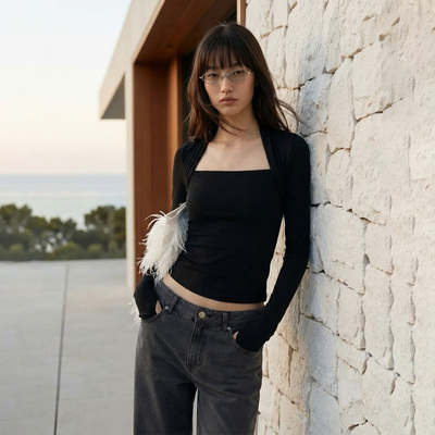 COMMOV NALUE「揽月颈」假两件袖套天丝羊毛针织长袖修身显瘦上衣