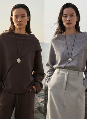 COMMON VALUE「 灵 Nav」围巾式针织圆领上衣 极简宽松长袖绒衫