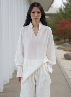 COMMON VALUE「 禅 Pāra 」亚麻混纺长袖上衣t 禅意极简立领衬衣