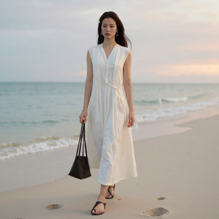 「 鹦鹉梨」COMMON VALUE仿麻肌理褶绑带连衣裙垂感裙子24X1201