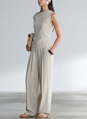 COMMON VALUE「 禅 Pāra 」肌理感条纹休闲裤 百搭修身亚麻长裤