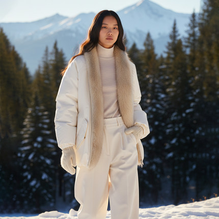 COMMON VALUE「 灵 Nav」皮毛一体拼接羽绒服 高蓬鸭绒派克风外套