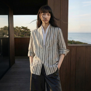 麻感竖条纹拉链衬衫 COMMON VALUE 江风引 休闲慵懒衬衣上衣 春季