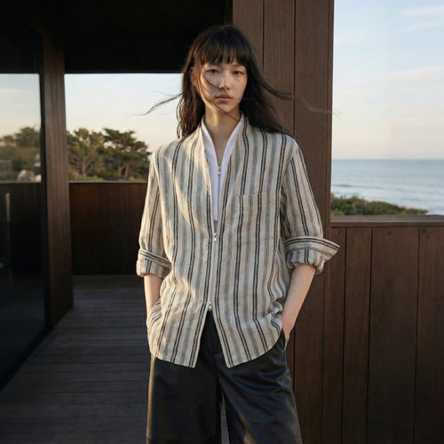 COMMON VALUE 江风引 麻感竖条纹拉链衬衫春季休闲慵懒衬衣上衣