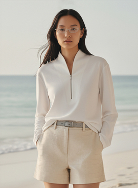 COMMON VALUE「 灵 Nav」新中式禅意领上衣半拉链卷袖极简百搭T恤