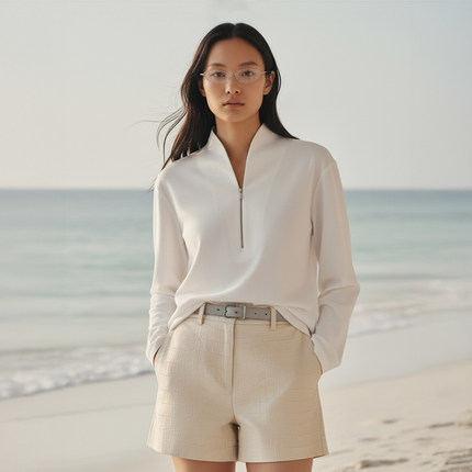 COMMON VALUE「 灵 Nav」新中式禅意领上衣半拉链卷袖极简百搭T恤