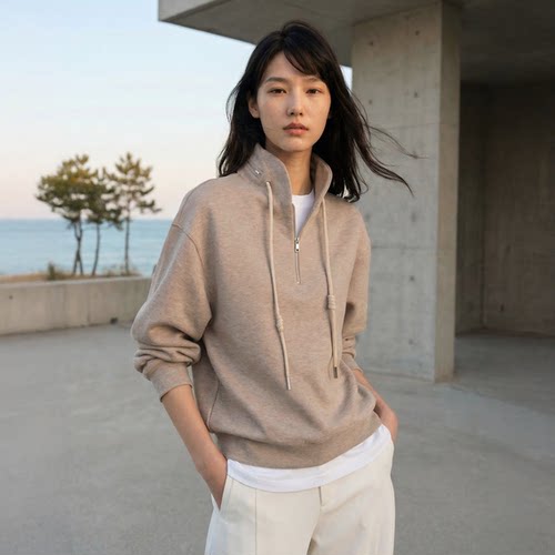 极简风半拉链宽松禅意连帽卫衣