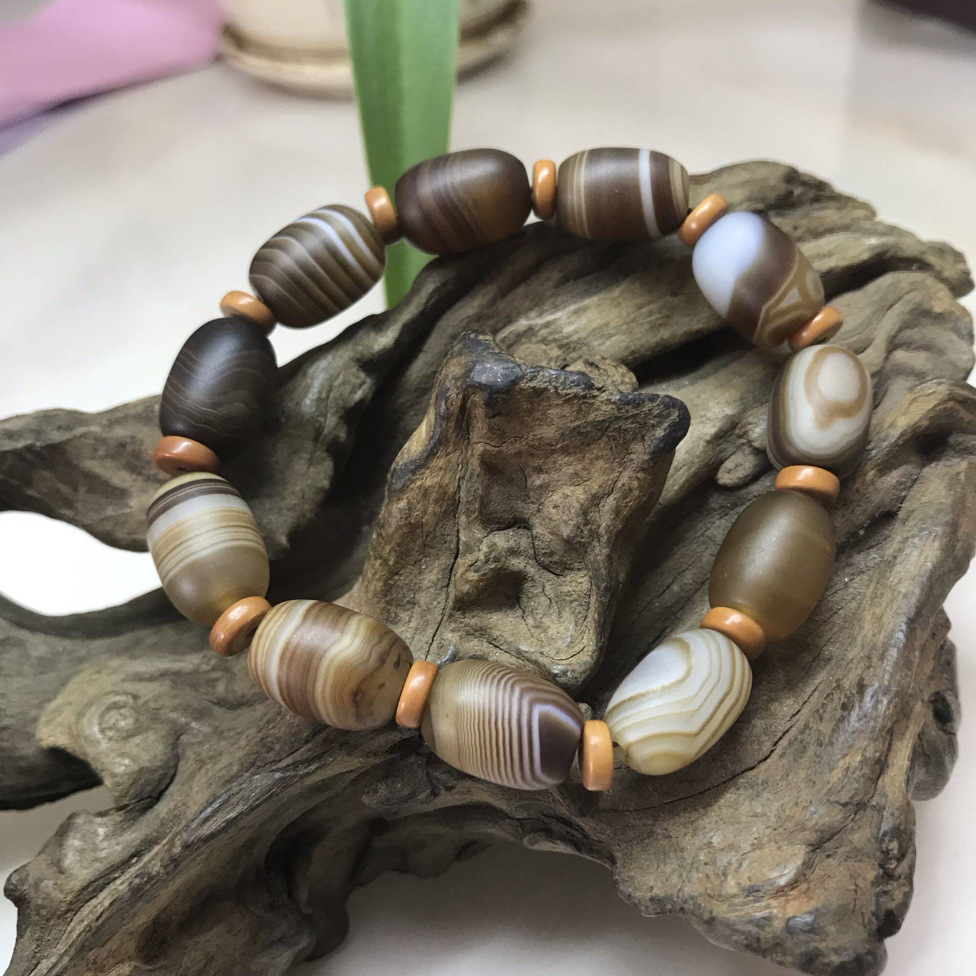 西亚老蚕丝玛瑙 椭圆桶珠 手链 手串 原色原矿原味