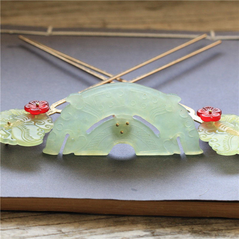 原创设计秦汉服饰头饰天然岫玉玛瑙琉璃花朵发冠对钗单钗汉服发簪