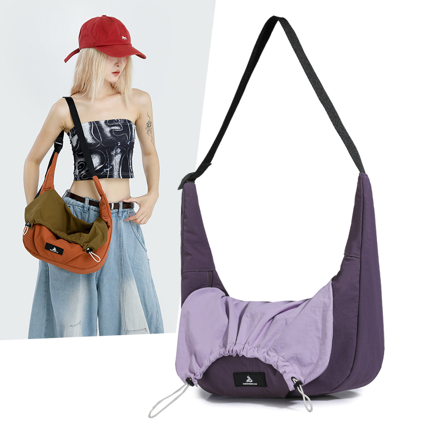 2025新款韩版小众撞色褶皱单肩饺子包女休闲时尚大容量通勤斜挎包