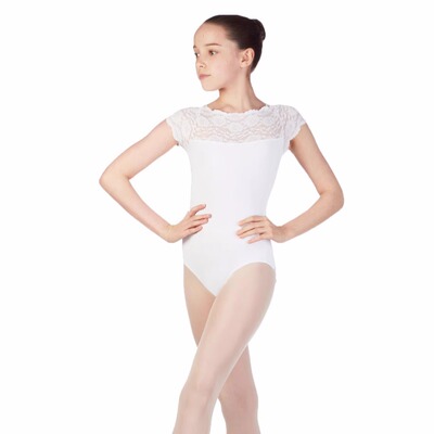 儿童芭蕾舞蹈服leotard白色蕾丝短袖圆领拉丁舞紧身连体练功衣