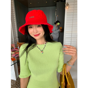 上衣收腰显瘦 五分袖 落落狷介开春穿搭女套头绿色针织衫 2025年新款