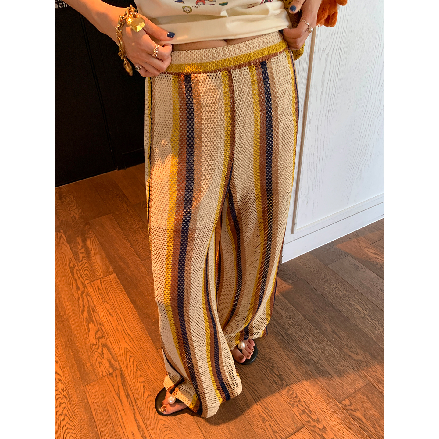 落落狷介条纹镂空针织阔腿裤女