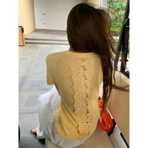 落落狷介短袖漏背蕾丝刺绣T恤女