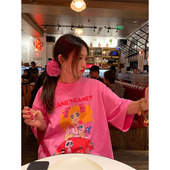 女t恤夏粉红色印花上衣女2025新款 落落狷介 短袖 设计感小众宽松