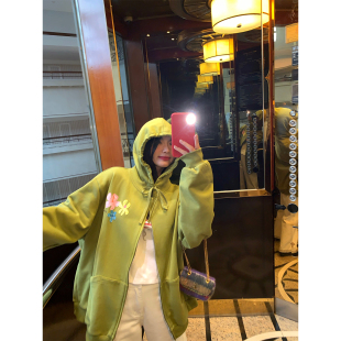 绿色加绒冬季 落落狷介卫衣女2025新款 加厚小个子连帽刺绣外套开衫