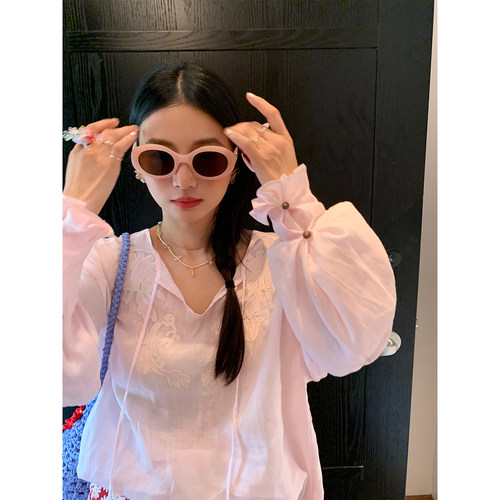 落落狷介苎麻粉色衬衫女