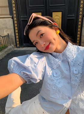 落落狷介衬衫短袖女2025年新款纯棉泡泡袖小个子上衣蓝色刺绣小众