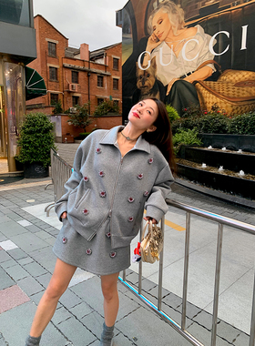 落落狷介 一整套初冬穿搭灰色套装裙女两件套开衫短外套+半身裙