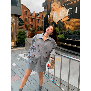 短外套 裙女两件套开衫 半身裙 一整套初冬穿搭灰色套装 落落狷介