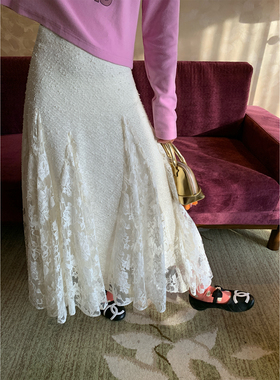 落落狷介 半身裙女2025新款冬毛呢蕾丝拼接半裙高腰A字裙小个子