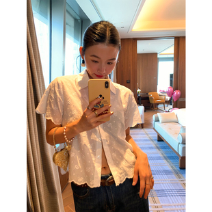 刺绣镂空上衣夏季 短袖 女2025年新款 落落狷介清爽通勤穿搭白色衬衫