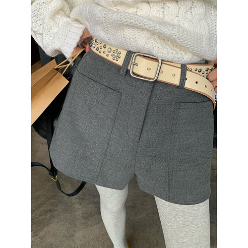 落落狷介高腰灰色毛呢短裤女