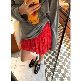 落落狷介 设计感雪纺A字裙小个子松紧腰 红色波点半身裙女2025新款