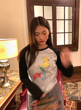 落落狷介 打底衫女秋冬内搭可外穿2025年新款拼接印花长袖T恤灰色