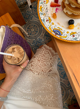 落落狷介 白色半身裙女2025新款亮片刺绣开衩a字裙小个子蕾丝裙