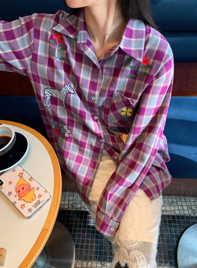 落落狷介独特超好看的衬衫紫色格子衬衣2026年新款落肩袖早春上衣