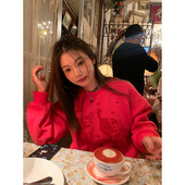 落落狷介红色加绒印花卫衣女秋冬款 宽松上衣圆领套头oversize外套