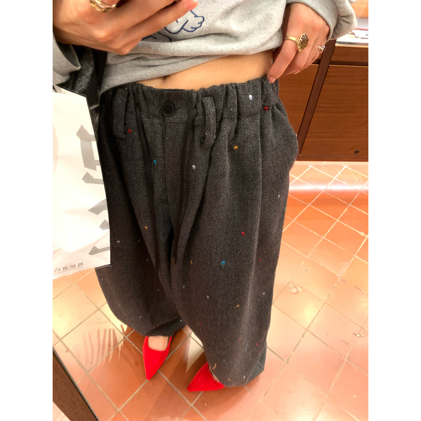 落落狷介 裤子宽松bf慵懒风休闲裤女灰色毛呢秋冬阔腿裤刺绣呢子