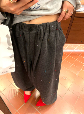 落落狷介 裤子宽松bf慵懒风休闲裤女灰色毛呢秋冬阔腿裤刺绣呢子