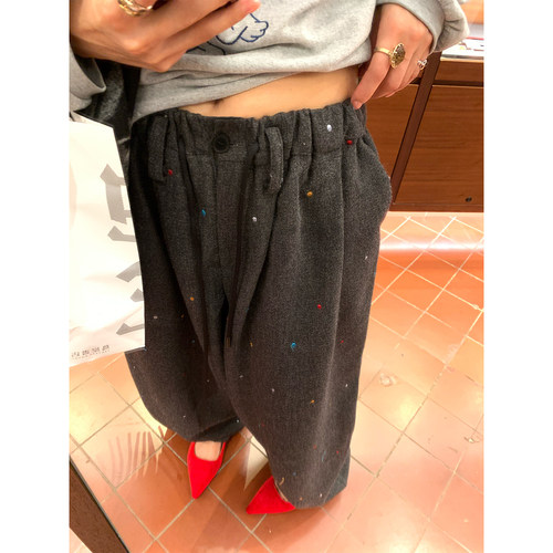 落落狷介灰色刺绣毛呢阔腿裤女