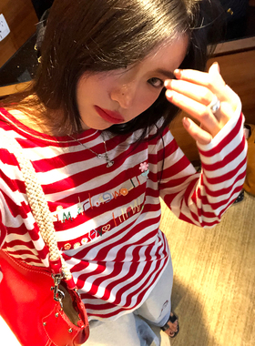落落狷介红色条纹毛衣女2025年新款设计感小众上衣刺绣毛线衣宽松