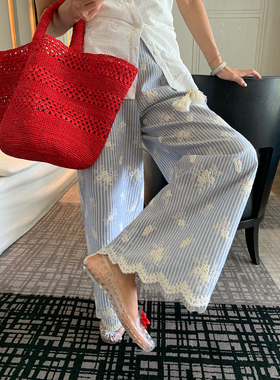 落落狷介裤子女款夏宽松bf慵懒风2026年新款设计感阔腿裤刺绣条纹