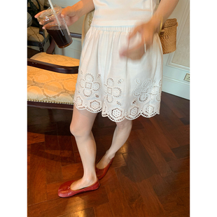 落落狷介 白色裤子女夏薄款2026新款亚麻阔腿短裤小个子刺绣镂空