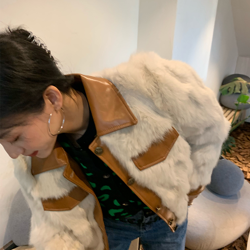 外套显瘦外套毛毛拼接皮白色