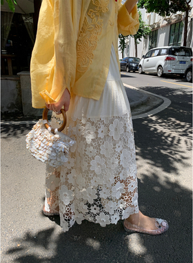 落落狷介 半身裙女2025新款白色蕾丝半裙小个子松紧腰设计感裙子