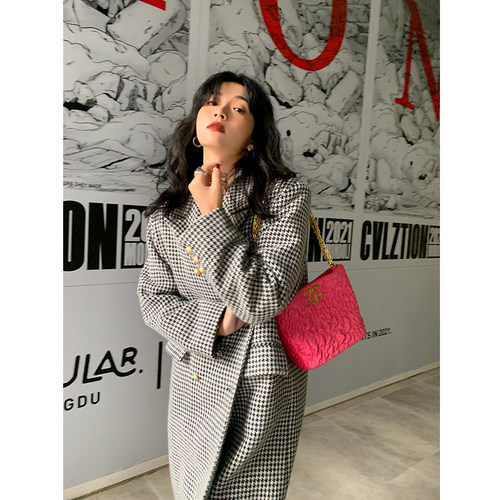 千鸟格毛呢外套中长款毛呢